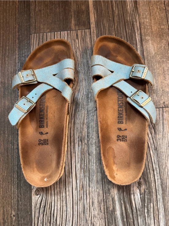 Birkenstock Shoes - Birkenstock Light Blue Cross-Strap Sandals with Gold Buckles Size 39